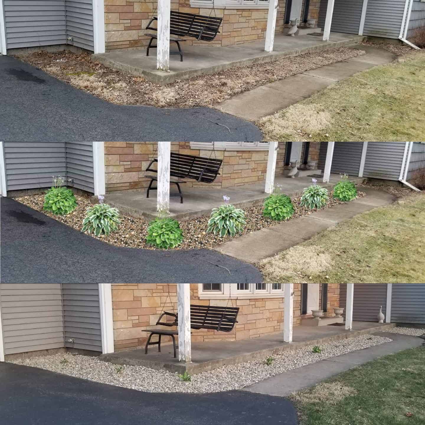 a before and after picture of plant and mulch installs in front of a grey house